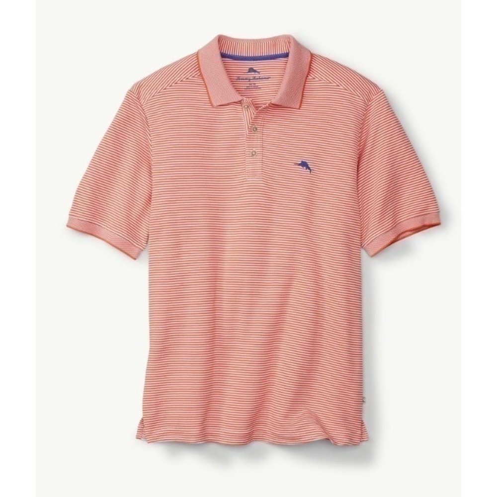 Tommy Bahama Shirt sz L Emfielder Stripe SS Polo Orange and White Stripe resort